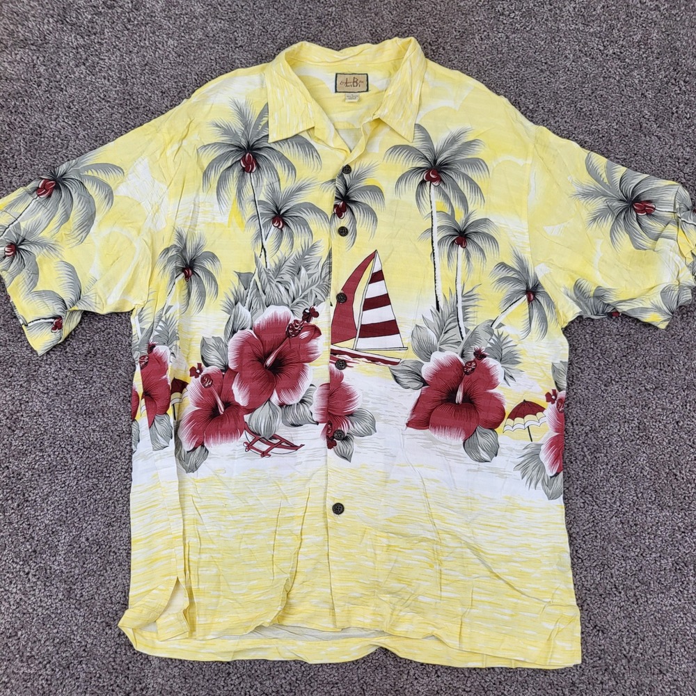 L.B. Men XL Hawaiian Shirt Vintage Rayon Tropical‎ Hibiscus Sailboat Yellow